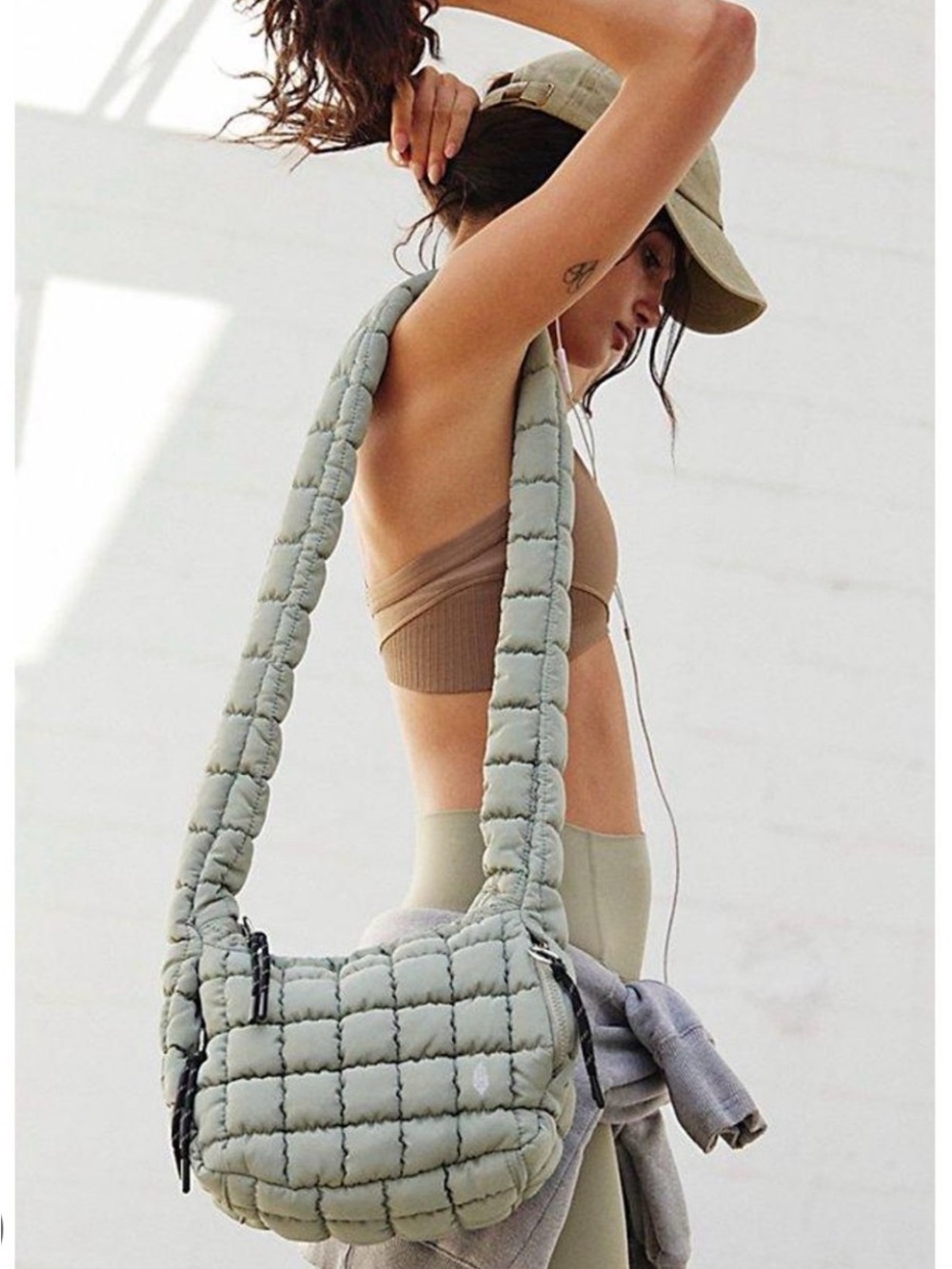 Free People Movement Baby Carryall Quilted Puffer Shoulder Bag in Stone Sage NWT